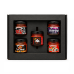 Gift box holding five jars of chili sauce arranged in a cross pattern, colorful labels on each jar. Center jar has a black lid and red sauce label with a dragon graphic.