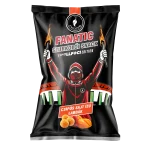 Black snack bag with a cartoon archer/worker figure raising flaming torches and bold 'FANATIC' text, chili cheese flavor label.