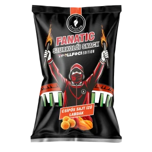 Black snack bag with a cartoon archer/worker figure raising flaming torches and bold 'FANATIC' text, chili cheese flavor label.