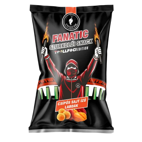 Black snack bag with a cartoon archer/worker figure raising flaming torches and bold 'FANATIC' text, chili cheese flavor label.