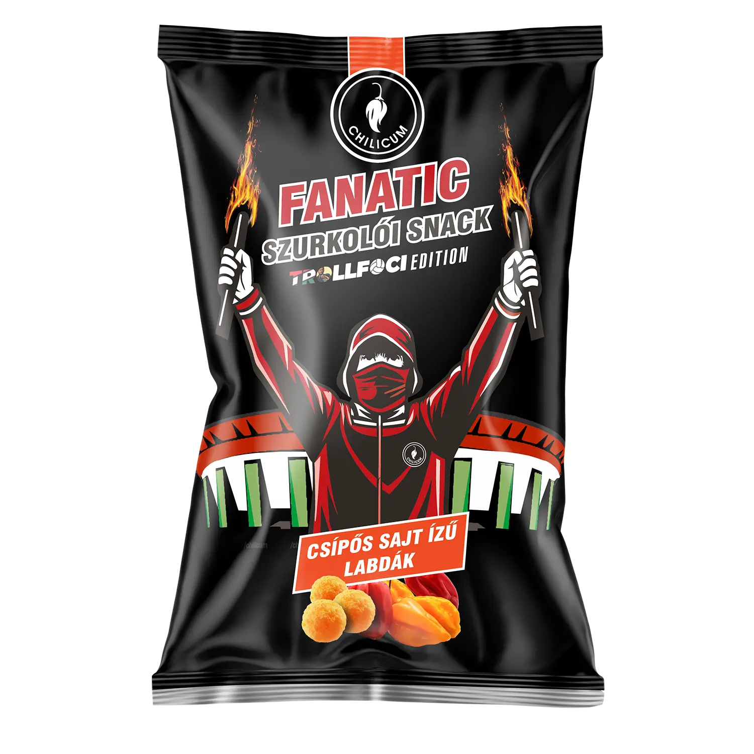 Black snack bag with a cartoon archer/worker figure raising flaming torches and bold 'FANATIC' text, chili cheese flavor label.