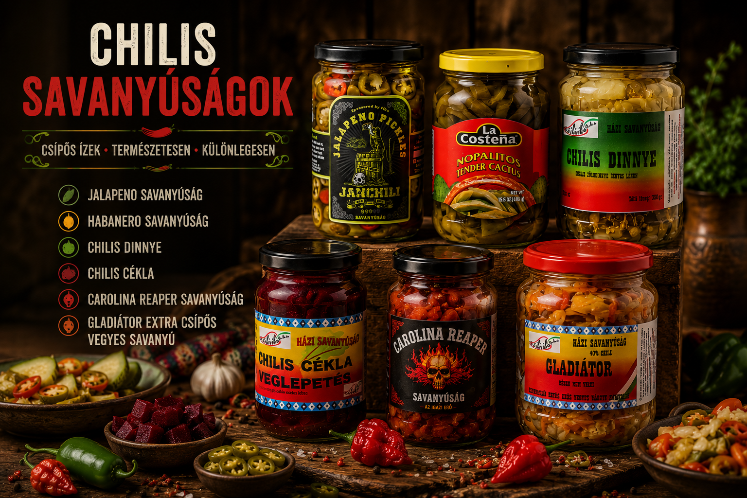 Friss chili paprikák és savanyúságok