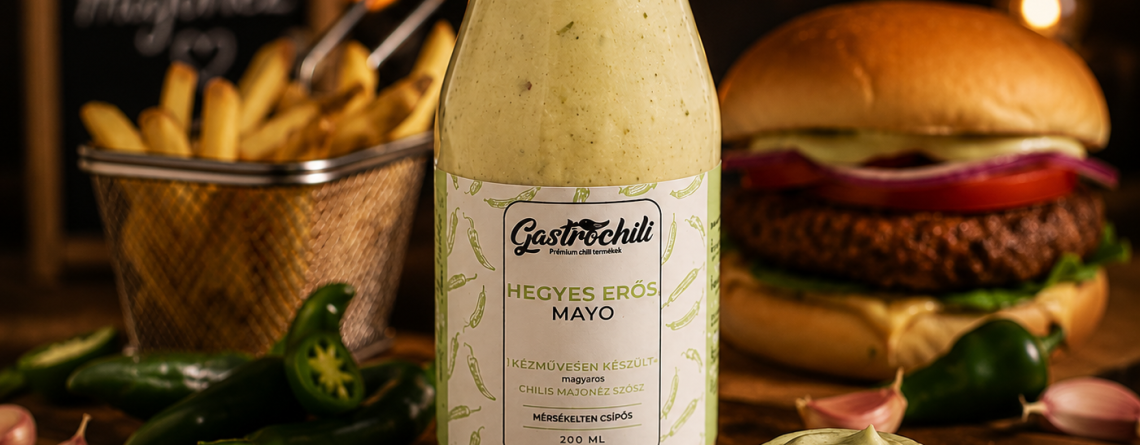 Bottle of chili mayo labeled Gastrochili on a rustic table, with a burger, fries, and jalapeños in the background.