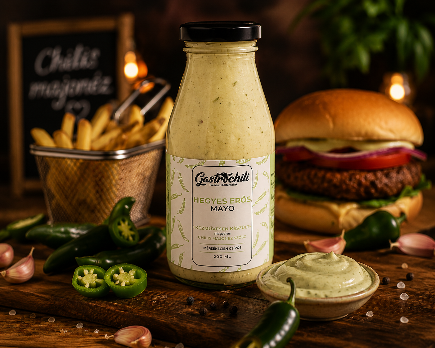 Bottle of chili mayo labeled Gastrochili on a rustic table, with a burger, fries, and jalapeños in the background.
