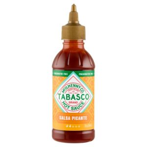 Bottle of Tabasco Salsa Picante hot sauce with an orange label and green band on a white background.