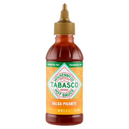 Bottle of Tabasco Salsa Picante hot sauce with an orange label and green band on a white background.